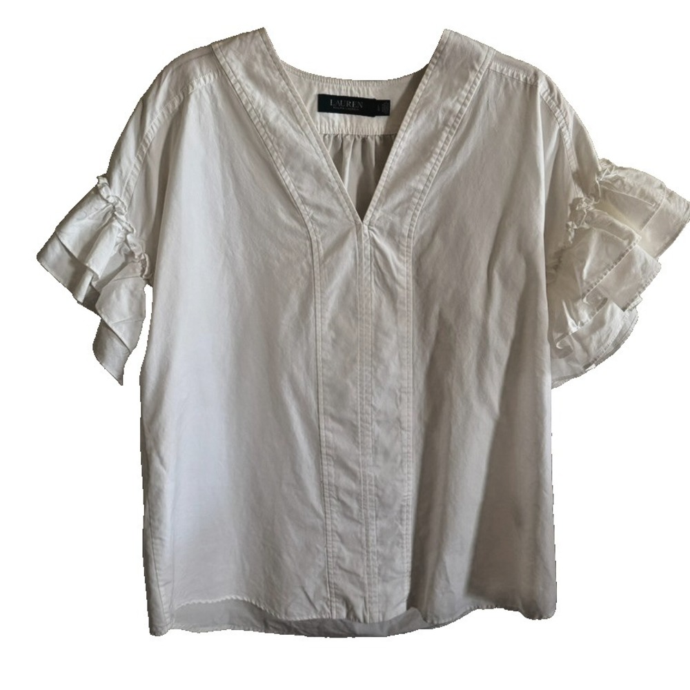 Lauren Ralph Lauren Womens Ruffle Sleeve Shirt in White Size Large Poplin Cotton